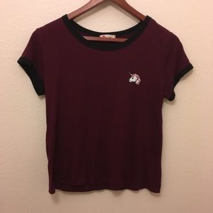 burgundy shirt